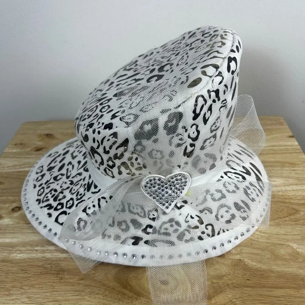 Unbranded Leopard Print Bucket Hat White Gold Metallic Rhinestone Bow One Size